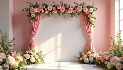 Elegant wedding ceremony backdrop with floral arrangements and draped fabric , pretty, detail