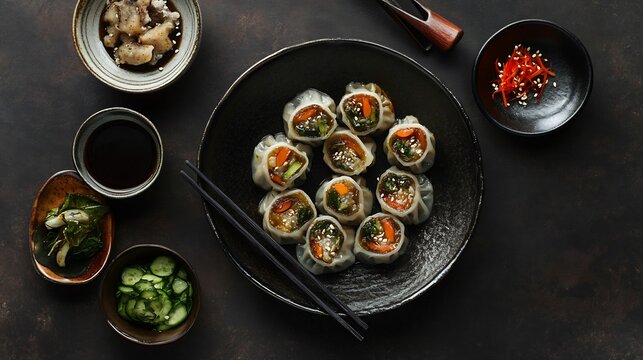 Korean boiled dumplings Mandu served dipping sauce top down view of boiled mandu filled with vegetables and meat served with a soy dipping sauce and garnish