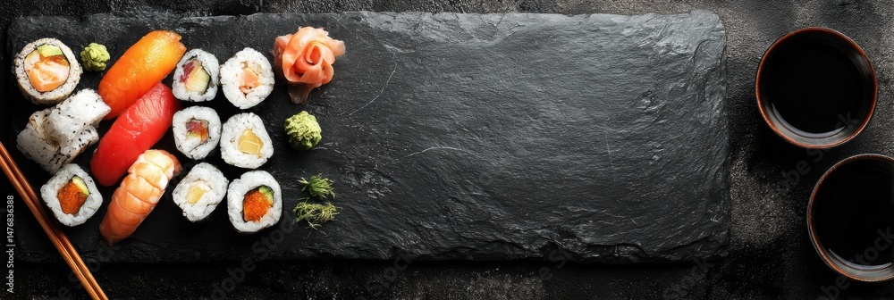 Aufkleber Sushi Set Beautifully Arranged on Black Slate With Glowing Border and Space for Additional Elements