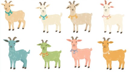 Obraz premium Adorable Pastel Goats Collection Cute Farm Animals Illustration Set art kids baby card image happy