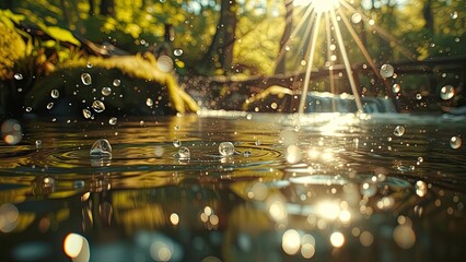 Obraz premium Splashes of the river in the sun's rays, the beauty of nature, the magic of the morning