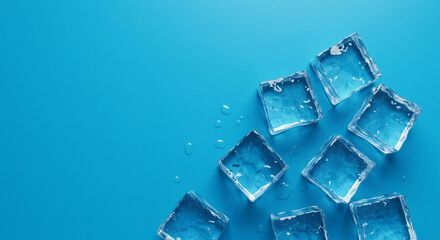 Scattered Ice Cubes on a Blue Surface
