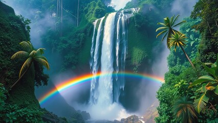 Colorful rainbow near majestic waterfall with bubbling water in green jungle
