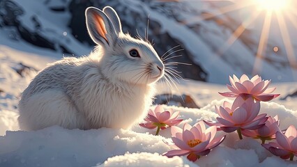 Cute white hare among beautiful snowy mountains with white flower of hope, concept of faith and hope and miracles