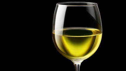 A clear wine glass filled with a golden white wine is elegantly showcased against a dark background, highlighting the drink's color and inviting refreshment.