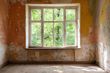 Warm empty room with earth toned walls and large window showcasing vibrant greenery outside, creating serene and inviting atmosphere