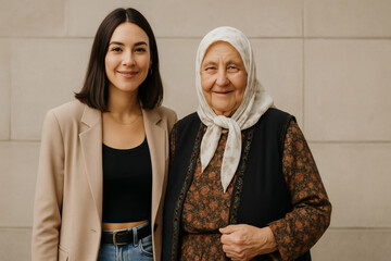 Young woman and elderly woman standing side by side smiling, multigenerational bond