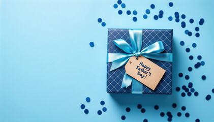 Flat lay of blue gift box with satin ribbon and “Happy Father’s Day!” tag on pastel blue background with confetti