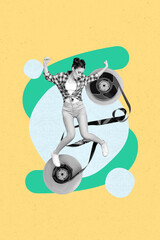 Poster pop collage of person stand tape audio record on yellow background