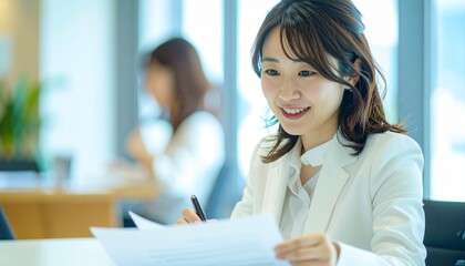 署名中のビジネスウーマンの手元