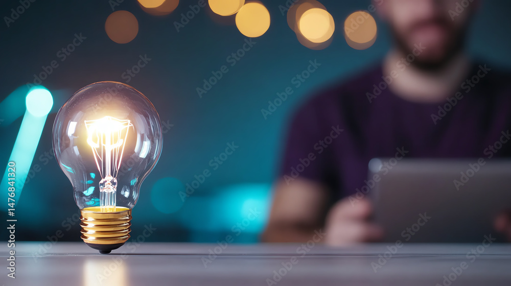 Poster a close-up view of a glowing light bulb symbolizing innovation, with a person working in the backgro