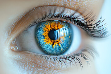 A close-up shot of a striking eye with vibrant blue and orange hues, showcasing intricate details and captivating reflections.