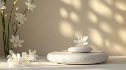 Tuberose Flower with Zen Spa Background. Zen Spa Treatment Banner. Closeup Tuberose Flower Photography. 3D Product Pedestal.