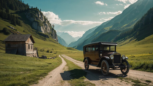 Vintage car driving on a mountain road near a wooden house in a green valley