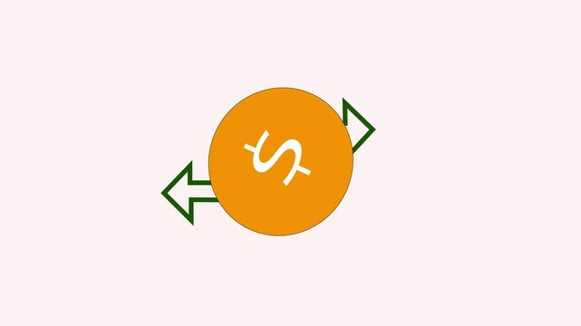 Animated money transactions icon with a coin and moving arrows, representing financial operations via banking services with a sleek black illustration on a white background.