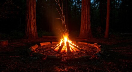 Warm campfire in a dark forest