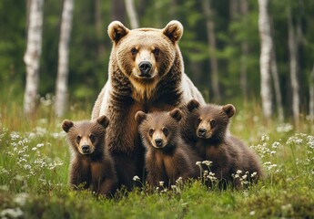 Obraz premium Adorable Brown Bear Family in Lush Green Forest with Three Playful Cubs Surrounded by Wildflowers