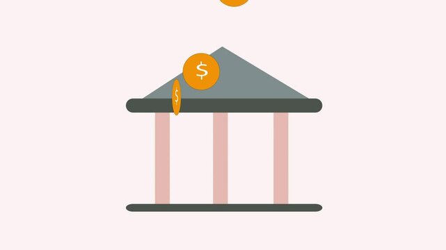 Bank building illustration with triangular roof and columns: coins with dollar signs falling onto it, symbolizing finance and banking.