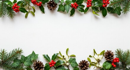 Festive Holiday Decoration with Holly Berries, Pine Cones and Greenery