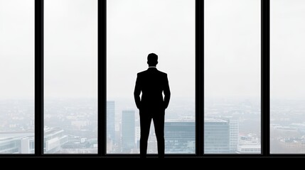 Businessman in Suit Standing by Window Overlooking Cityscape on a Foggy Day