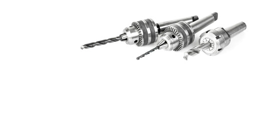 drill bits precision cutting tools set material  tungsten carbide on white background.