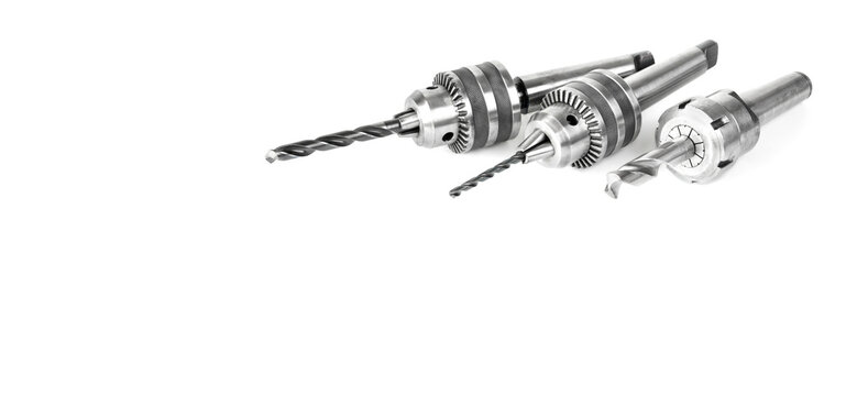 drill bits precision cutting tools set material  tungsten carbide on white background.