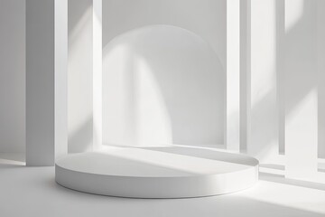 Empty, round, white pedestal in a bright, minimalist room, sunlit.  Shadows from sunlight on walls and floor