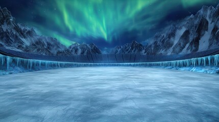 Frozen Ice Rink Surrounded by Snowy Mountains and Vibrant Aurora Borealis in Night Sky