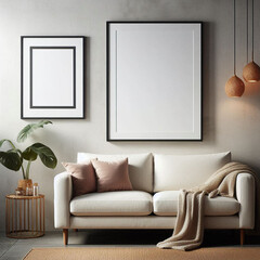 living room interior with fireplace photo frame on wood background	