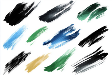 collection of brush strokes in various colors, including black, blue, green, and yellow. The brush strokes are arranged in a grid, with some overlapping and others standing alone