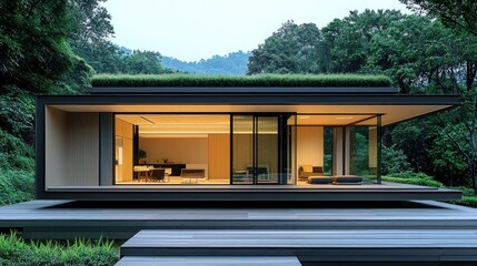 Fototapeta premium Modern, minimalist house nestled in a lush forest. Open-plan living area with large windows. Sustainable design with green roof