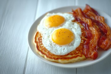 Classic breakfast plate golden pancakes sunnyside eggs and bacon