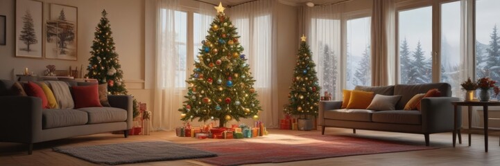 Sparkling Christmas tree with colorful decorations in warm living room,  winter,  comfort,  christmas tree