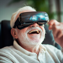 portrait grandfather in 3d glasses sitting and laughing, use of modern technologies by elderly people