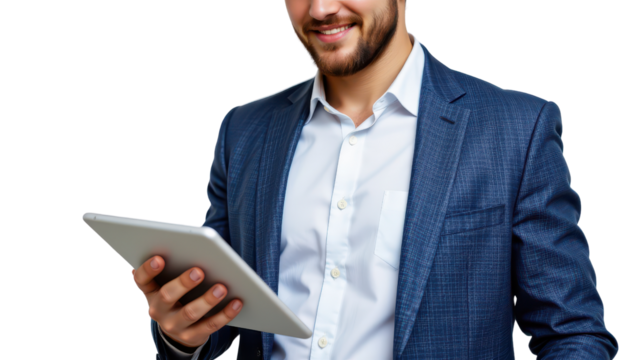 Confident Businessman in Suit Using Digital Tablet with Smile