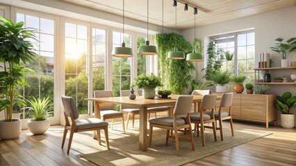 Bright Sunlight Illuminates a Modern Dining Room with Abundant Greenery and Light Wood Furnishings