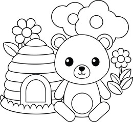 Little Bear Eating Honey Near a Beehive coloring pages