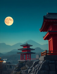 Obraz premium Japanese pagoda at night with the moon behind it
