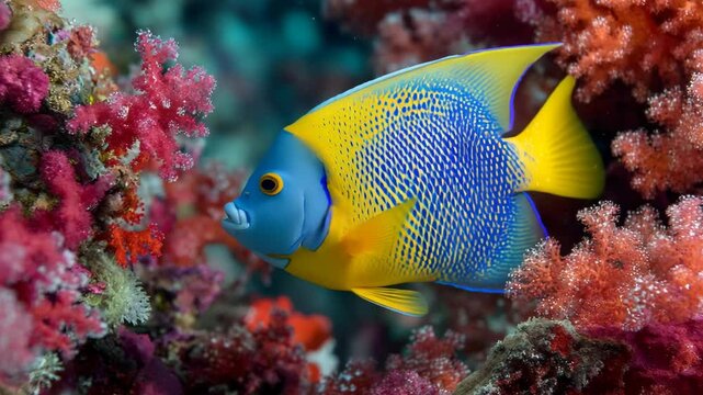 Vibrant angelfish swimming among colorful corals in detailed underwater macro scene. 4K video