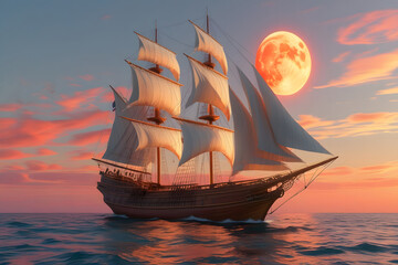 Naklejka premium A lone sailboat glides across the golden sea at sunset, its tall mast silhouetted against the vibrant evening sky