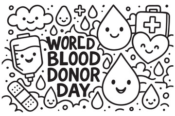 Creative black and white vector doodle art themed around World Blood Donor Day, with hope symbols, donation icons, and awareness elements.

