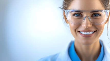 A smiling woman in safety goggles and a lab coat, representing positivity and professionalism in a scientific environment.