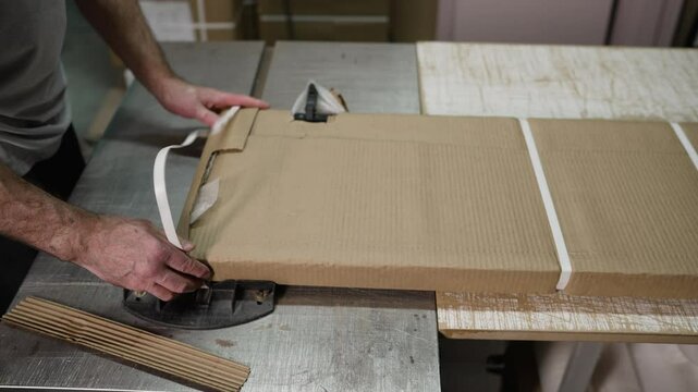 Professional factory worker securing cardboard box with strapping equipment during packaging process in industrial warehouse setting