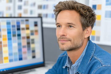 A young man analyzing color samples on a computer screen, representing creativity and design in a modern workspace.