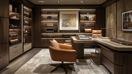 Luxurious, wood-paneled office with rich tones