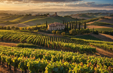 Scenic Vineyard Hills with Villa at Dusk