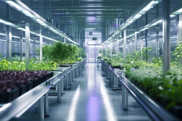 Futuristic Indoor Hydroponic Farm with Lush Green Plants and Modern Technology.