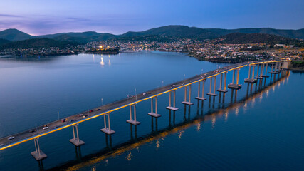 Aerial Sunset Over Tasman Bridge – Hobart, Tasmania, Australia