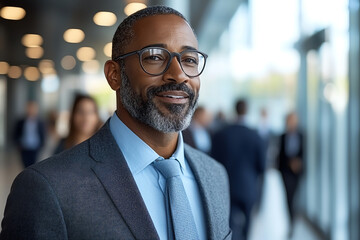 Confident businessman smiling in an office environment, showcasing professionalism and success in an urban setting.