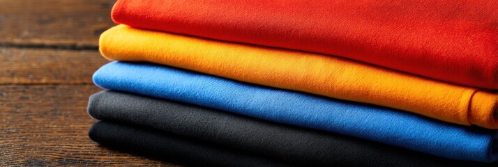Vibrant Folded Sweat-Resistant T-Shirts Displayed on a Rustic Wooden Surface for Selection in an Organized Manner During Daylight